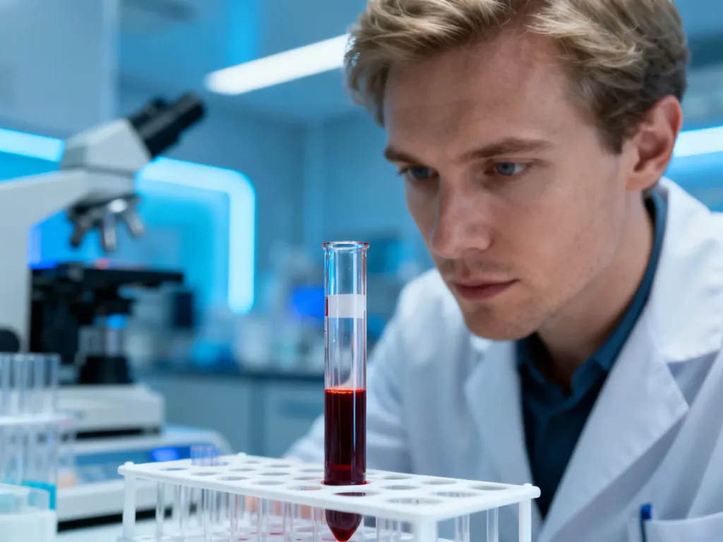 Pracownik laboratorium wykonujący badanie krzepliwości krwi w profesjonalnym środowisku medycznym.