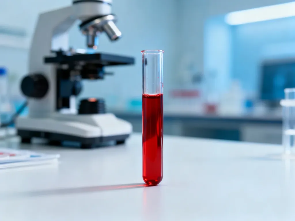 Probówka z próbką krwi na tle laboratoryjnego mikroskopu, ilustrująca proces badania morfologii krwi.