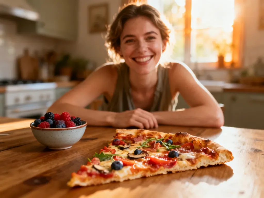 Uśmiechnięta kobieta siedzi przy stole z pizzą i owocami, ciesząc się chwilą relaksu podczas cheat day.