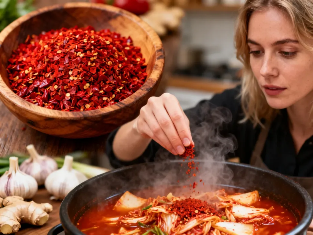 Kobieta posypuje gorącą zupę kimchi jjigae płatkami czerwonej papryki gochugaru z drewnianej miseczki.