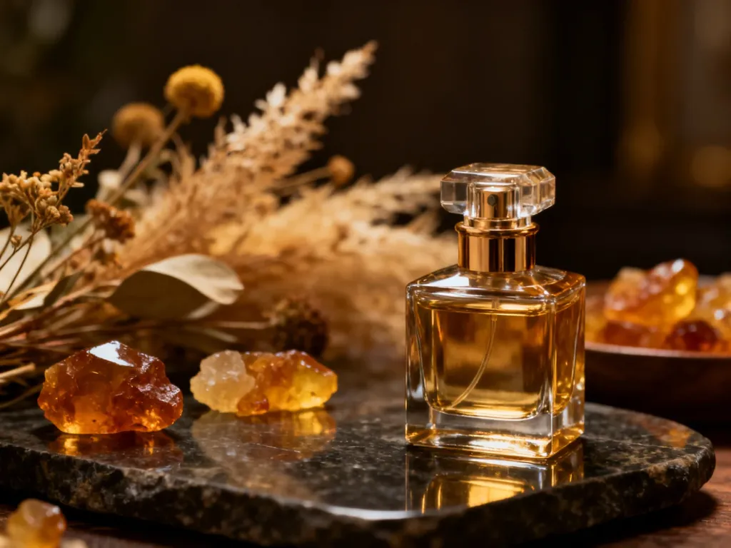 Luksusowy flakon perfum na ciemnym kamieniu w otoczeniu żywicy i suszonych roślin, podkreślający elegancję zapachu piżma.